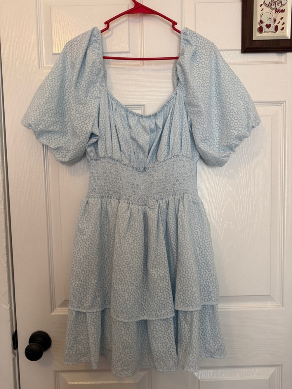 Light Blue Puff Sleeve Smocked Waist Mini Dress